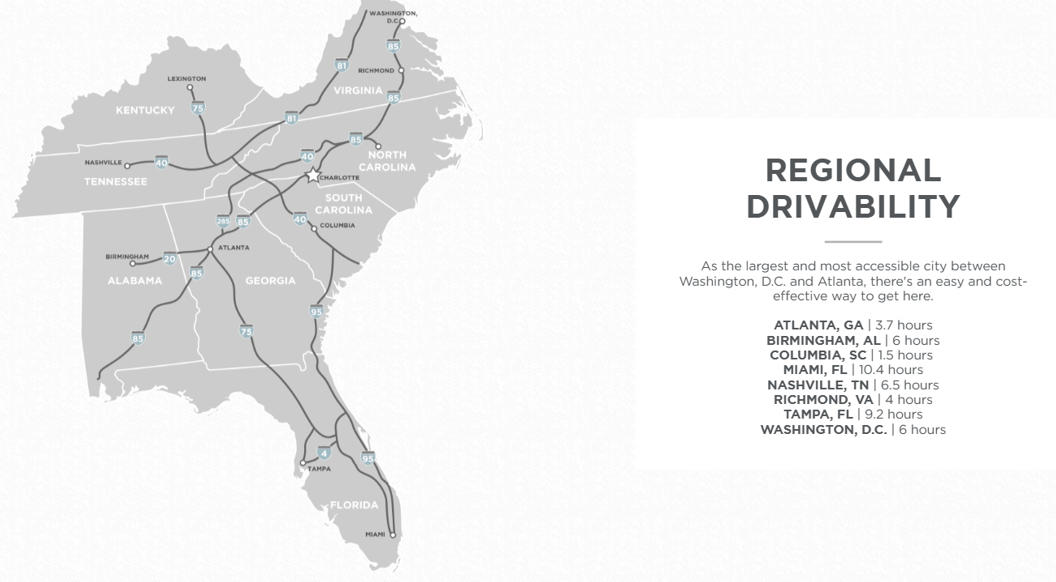 Map of regional drivability showing highways in the southeast U.S.